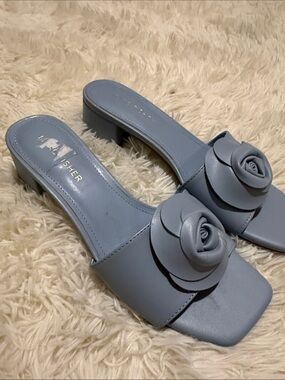 Marc Fisher Powder Blue Rose-Embellished Slide Mules